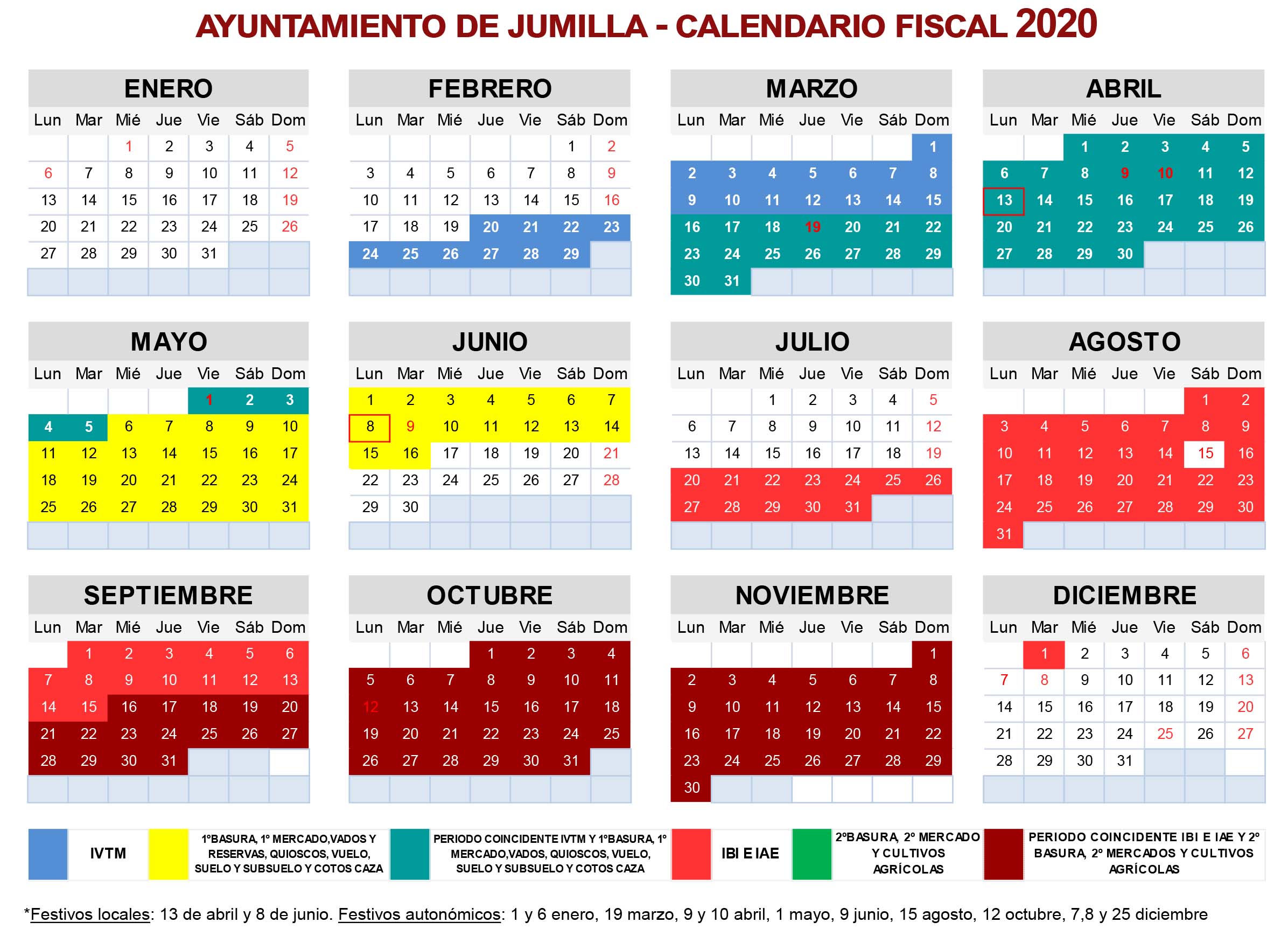 El Ayuntamiento hace público el calendario fiscal de 2020
