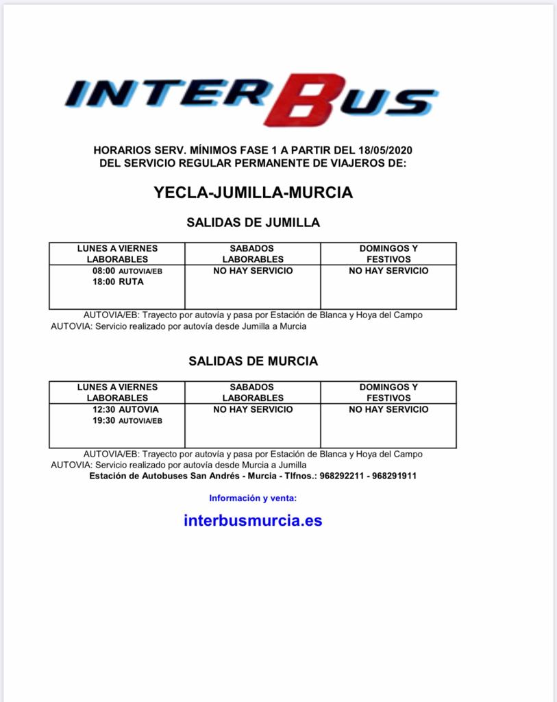 Se retoman los servicios mínimos de autobús Jumilla-Yecla-Murcia
