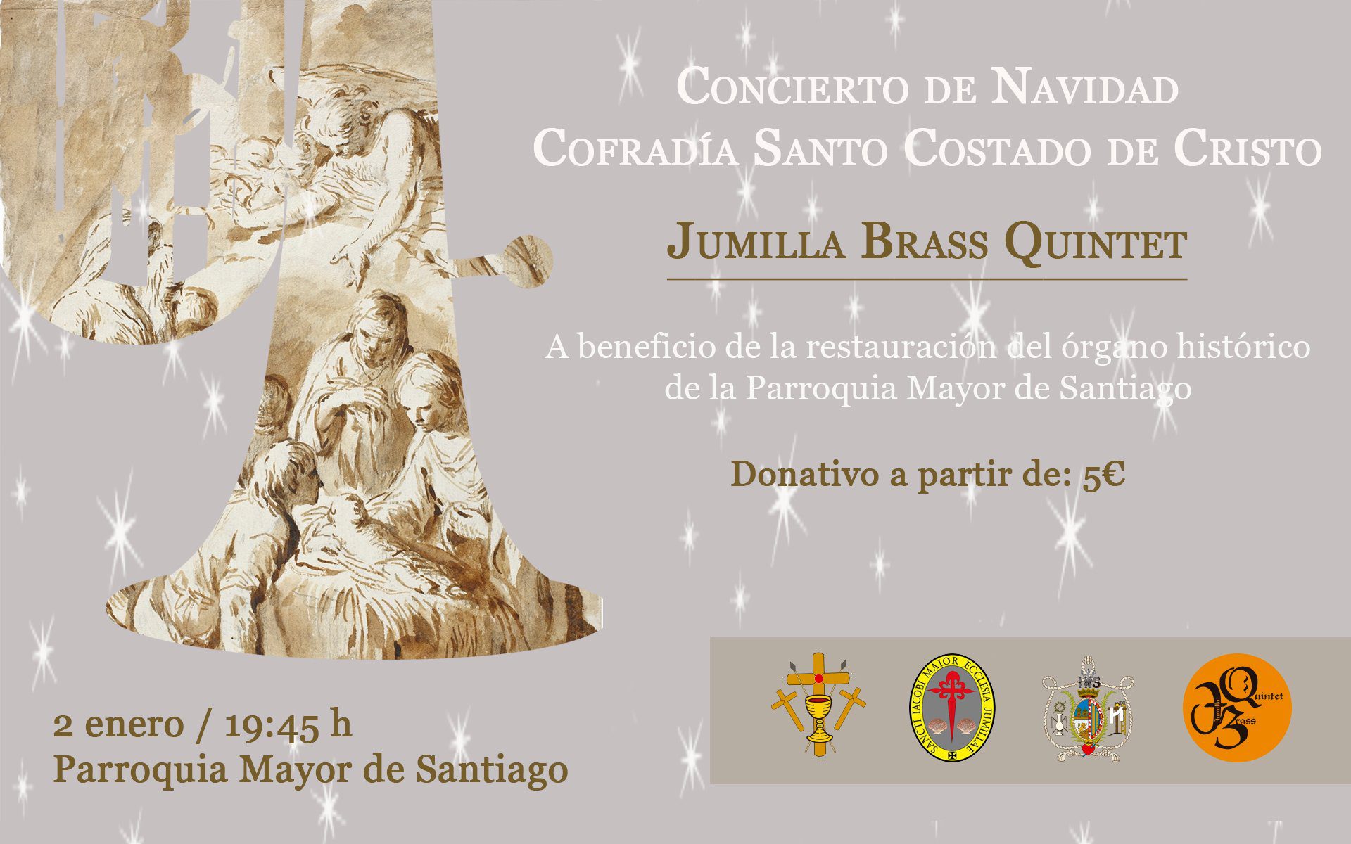 El Santo Costado organiza una misa de Navidad, concierto con Brass Quintet, entrega de cartas de Reyes y recogida de juguetes