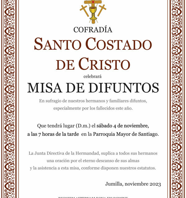 El Santo Costado celebra una misa de difuntos este sábado