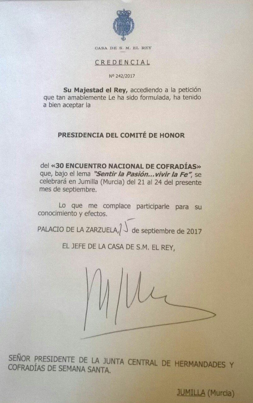El Rey Felipe VI será el Presidente del Comité de Honor del 30 Encuentro Nacional de  Cofradias de Semana Santa que se celebra en Jumilla