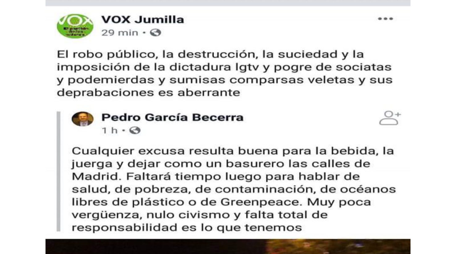 Juventudes Socialistas rechaza la actitud del partido de VOX Jumilla por sus descalificativos hacia la comunidad LGTBI+