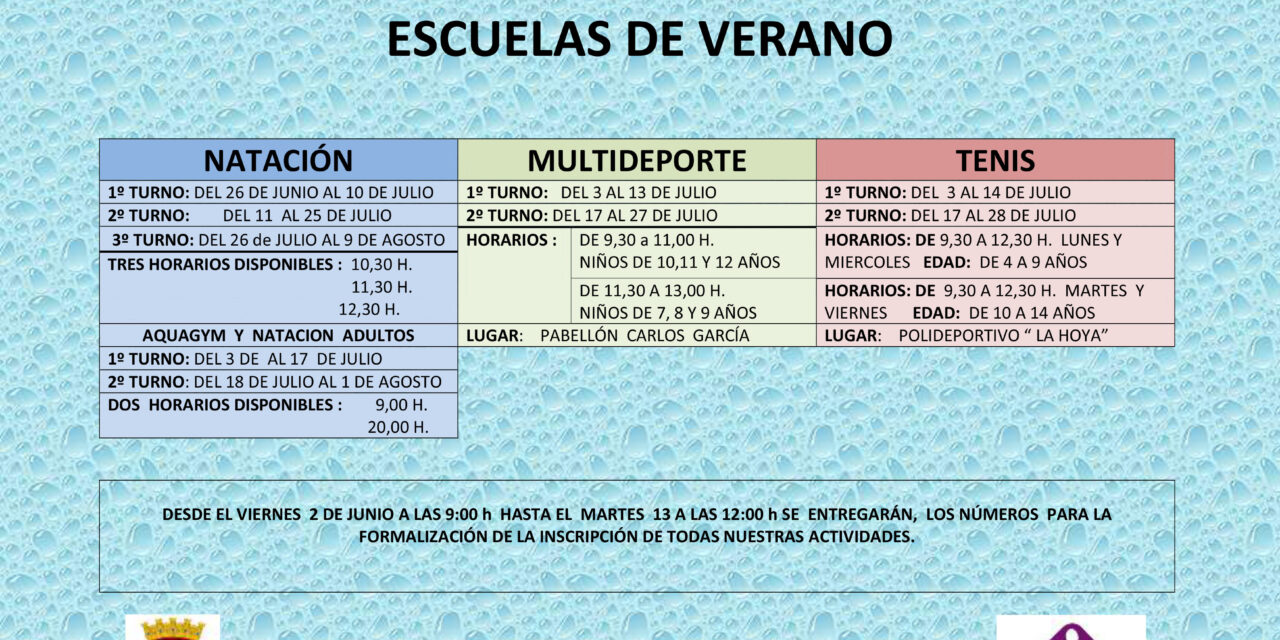 Natación, Escuela Multideporte y Tenis son las actividades programadas para este verano