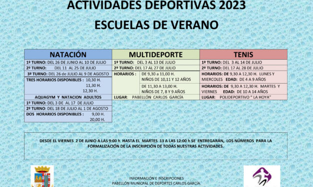 Natación, Escuela Multideporte y Tenis son las actividades programadas para este verano