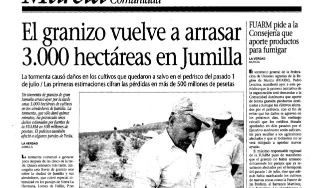 Las tormentas de granizo más destructivas en Jumilla datan de agosto de 1939 y 1993