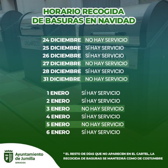Servicios informa de los horarios especiales de Navidad para la recogida de basuras y apertura del cementerio municipal