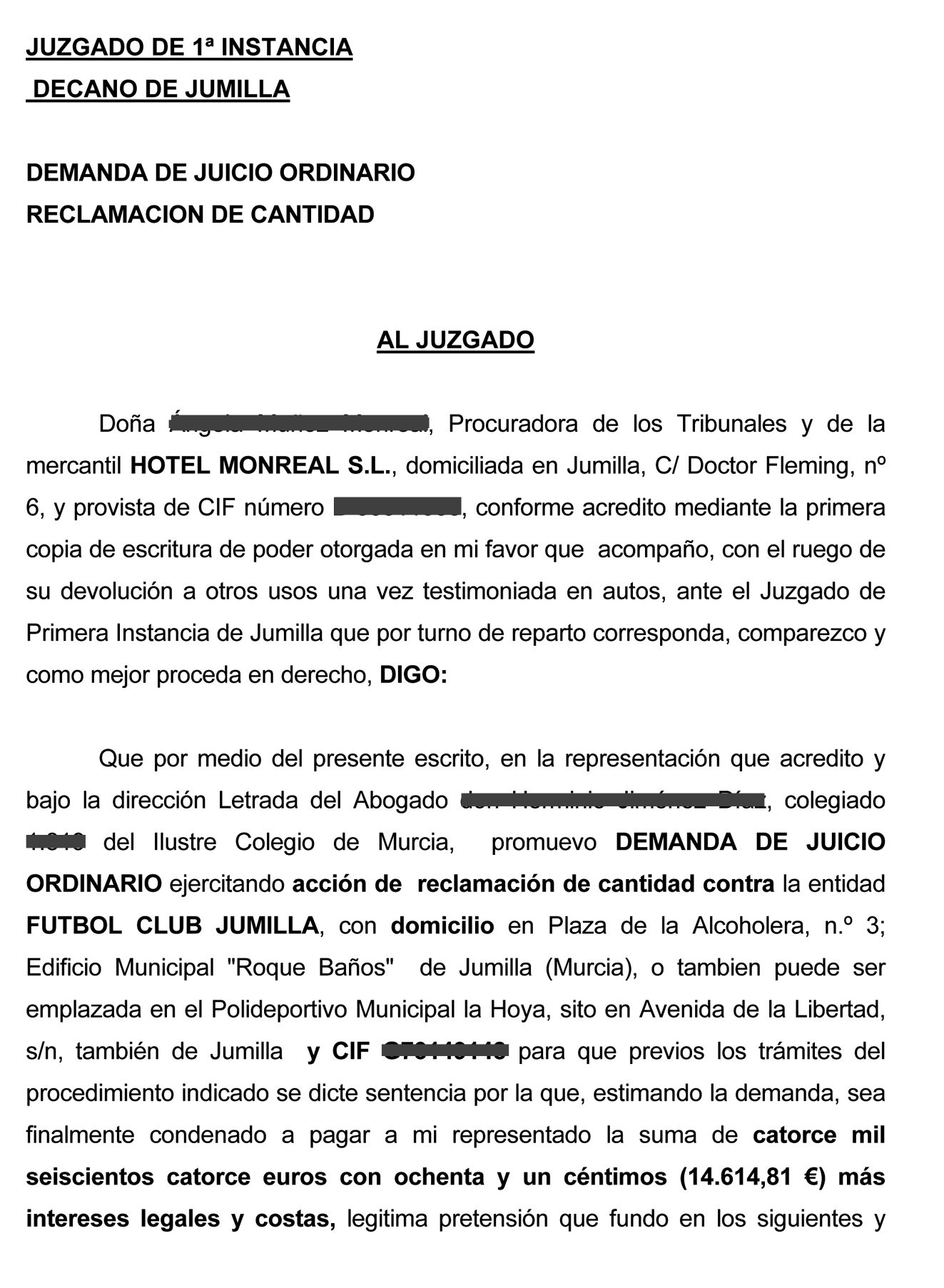 Interpuesta demanda contra el FC Jumilla por el Hotel Monreal