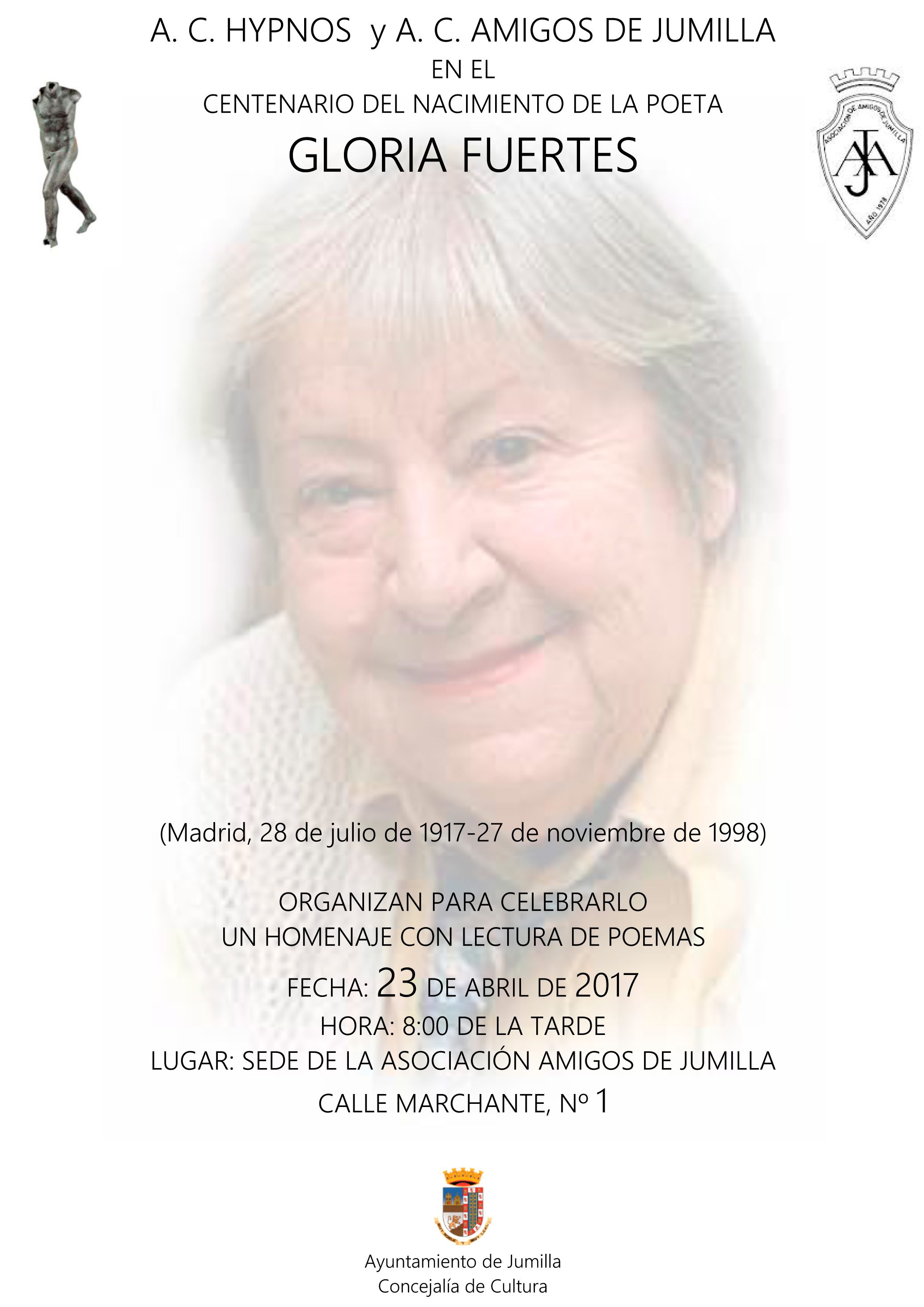Las asociaciones Hypnos y Amigos de Jumilla homenajearán a Gloria Fuertes